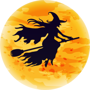 a black silhouette of a witch flying on a broom in front of an orange and yellow round moon