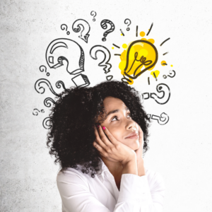 woman questioning with lightbulb and question marks around her