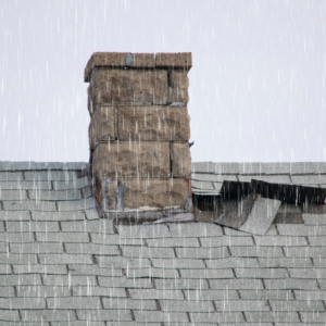 damaged chimney and roof in a rain storm